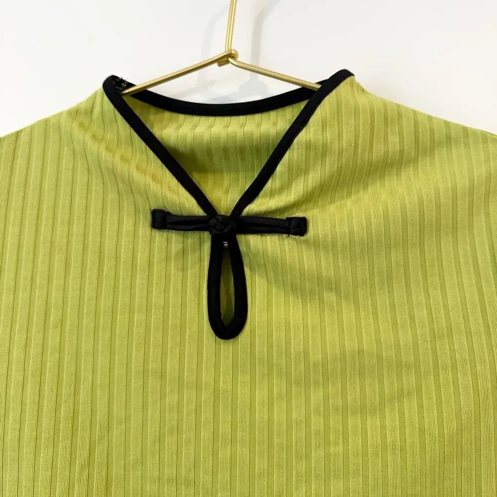 SHEIN Green Ribbed Crop Top S Mandarin Collar Contrast Trim - Picture 5 of 5